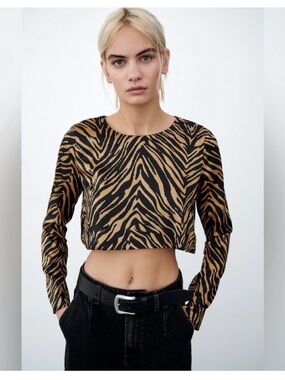 Zara Satin Animal Print Women's Black & Gold Long Sleeve Crop Top Sz XS